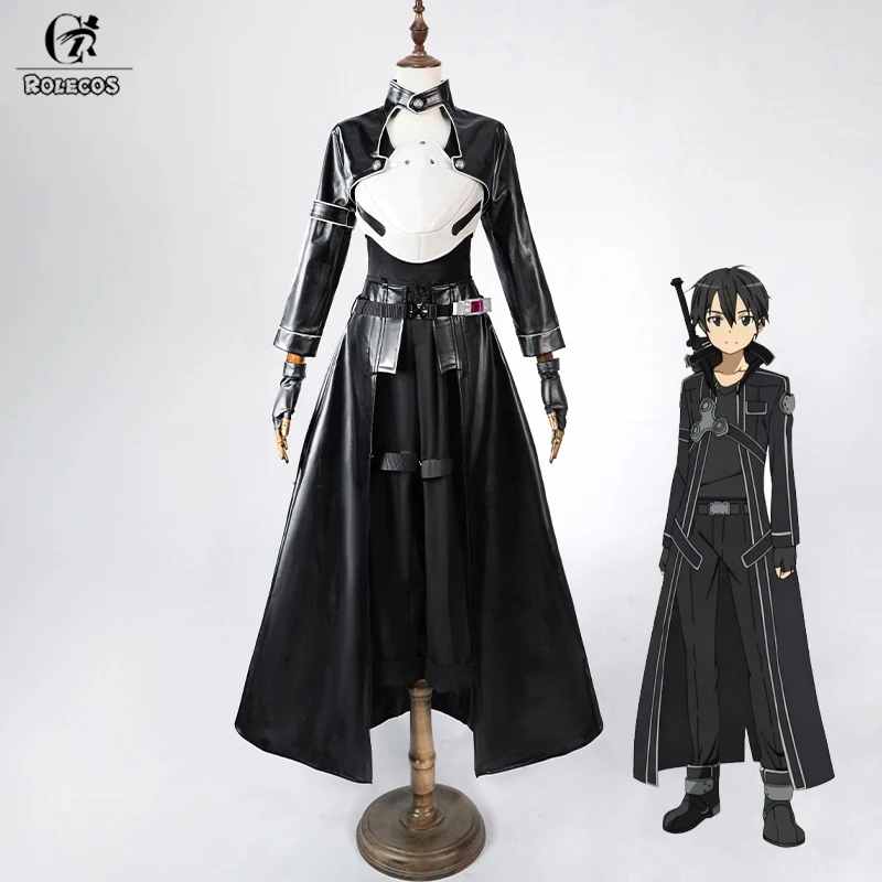 ROLECOS Anime SAO Kazuto Kirigaya 코스프레 의상 Kirito 블랙 가죽 전투복 할로윈 카니발 코스프레 의상 풀 세트