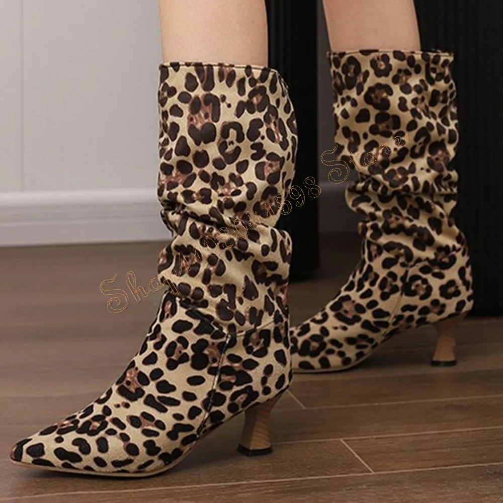 Leopard Pointed Toe Slip on Boots Strange Style Heels Mid Calf Sexy High Heel Shoes for Women Heels 2024 New Zapatos Para Mujere