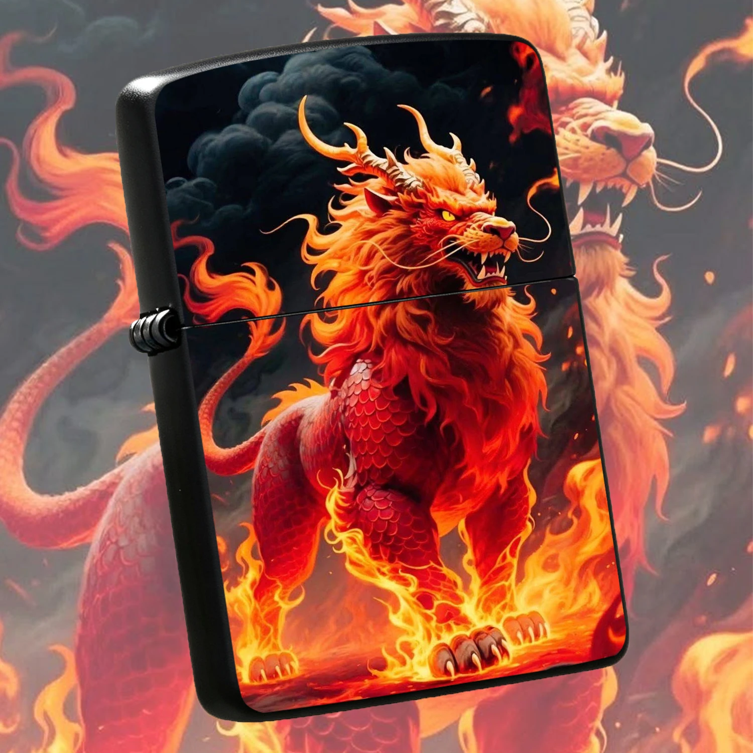 Eastern Style Style Qilin Themed High Definition Mythical Print Wear Resistant Portable Cool Flame Kylin Decor Igniter Ideal For Daily Lighting Outdoor Starting Trendy Collectible Gift For Men A Fun And Humorous Lighter