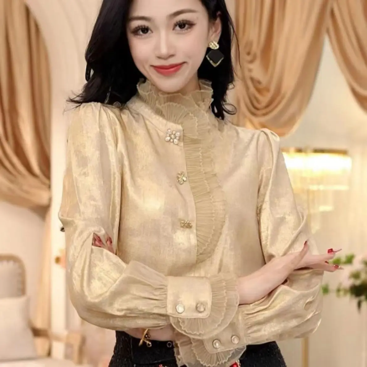 New French Satin Black Fungus Edge Stand Up Collar Shirt with Short Skirt Design Stylish and Elegant Two-piece Set