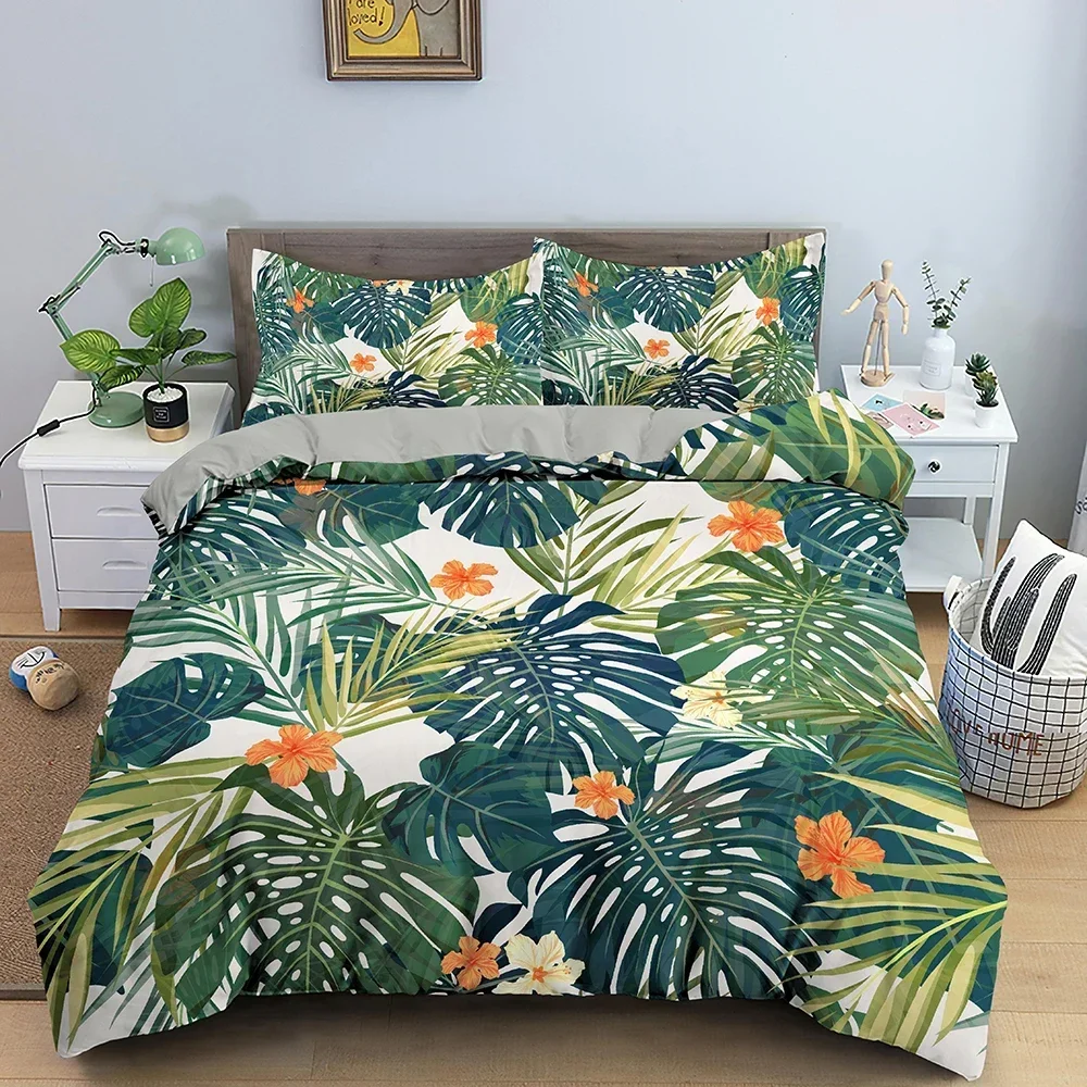 Tropical Plant Bedding Set Green Leaves Duvet Cover with Zipper Closure Comforter Cover Queen King Full Polyester Quilt Cover