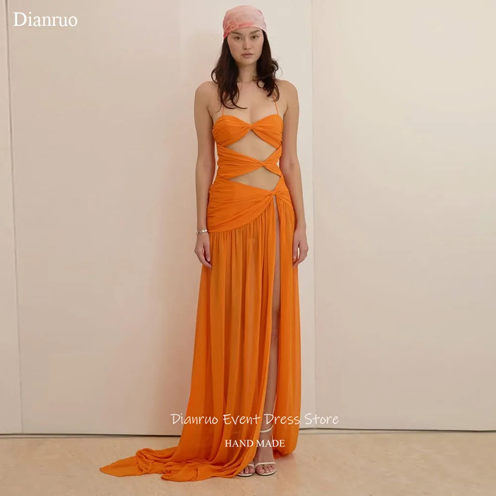 

Dianruo Orange Cut Out Evening Dress Halter Chiffon Pleated Dresses 2025 Woman Glamorous Side Slit Robe Soirée Femme Customized