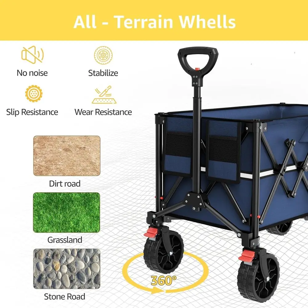 食料品、スポーツ、庭、ショッピング、キャンプ用の車輪付き頑丈な折りたたみ式ワゴン（ネイビーブルー、150L）