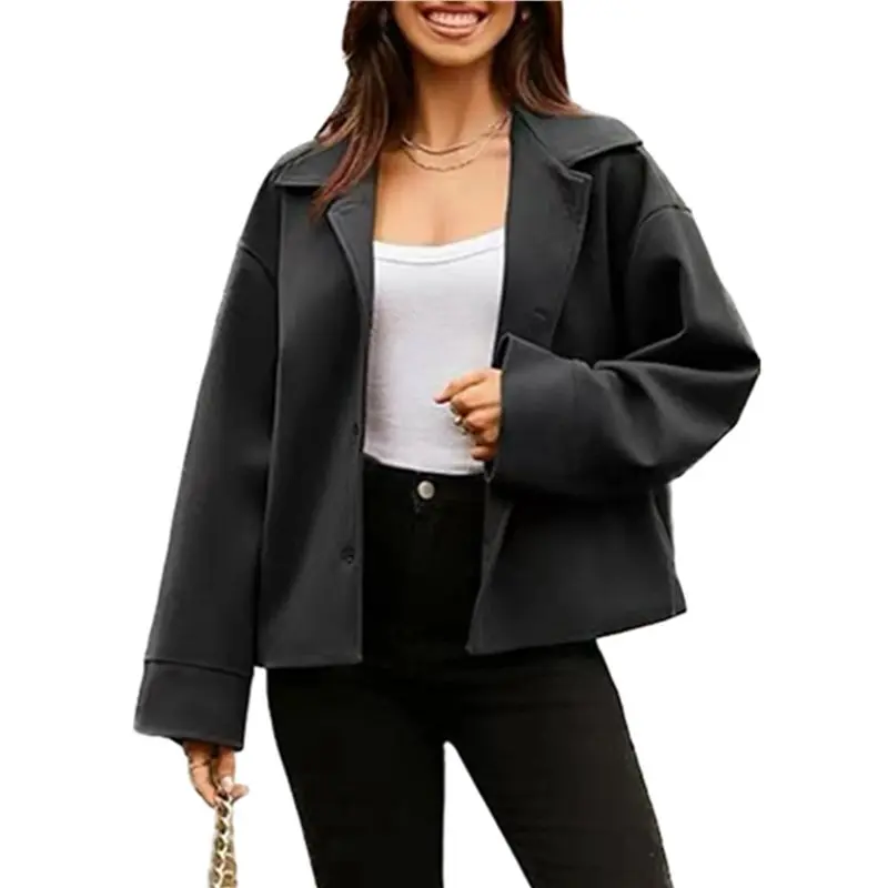 

CYL-Women Cropped Trench Coat Wool Blend Pea Coat Casual Loose Long Sleeve Button Down Winter Outerwear Black XXL