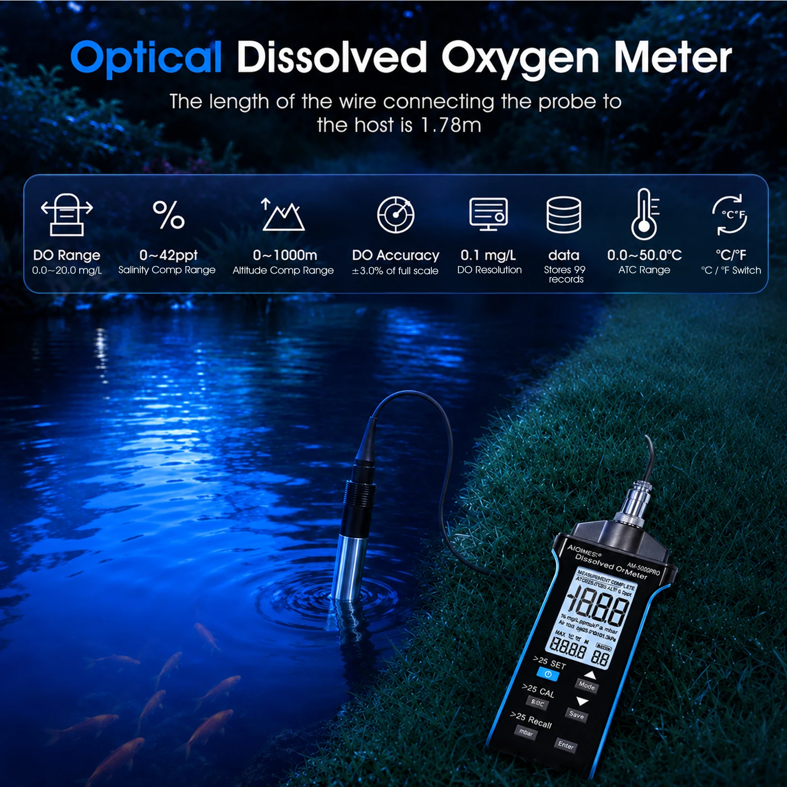 Holdpeak Dissolved Oxygen Meter 0 To 20mg/L 2 Meter Probe Fluorescence Salinity Compensation For Aquaculture Hydroponics