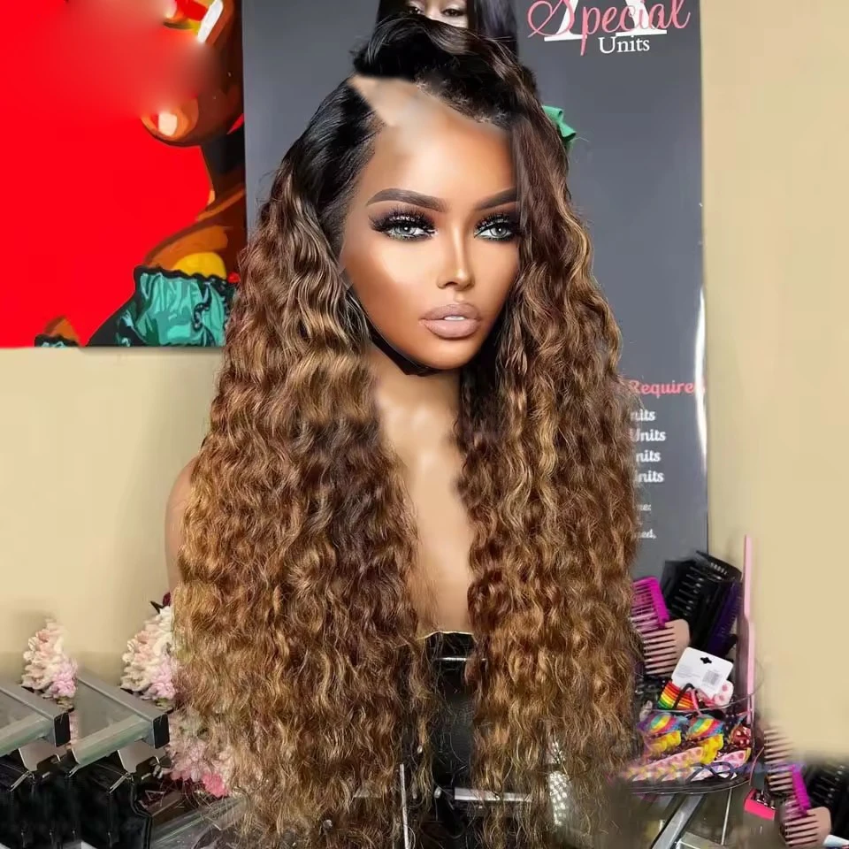 Ombre Aubrun Brown Afro Kinky Curly U Part Wig Unprocess Blonde 100% HumanHair Highlight Bouncy Curly V Part Wig Shaped Full End