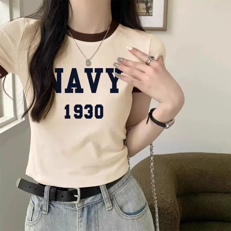 2026 Summer Women Contrast Color Crop Top Vintage Letter Print Crew Neck Short Sleeve Casual T Shirt