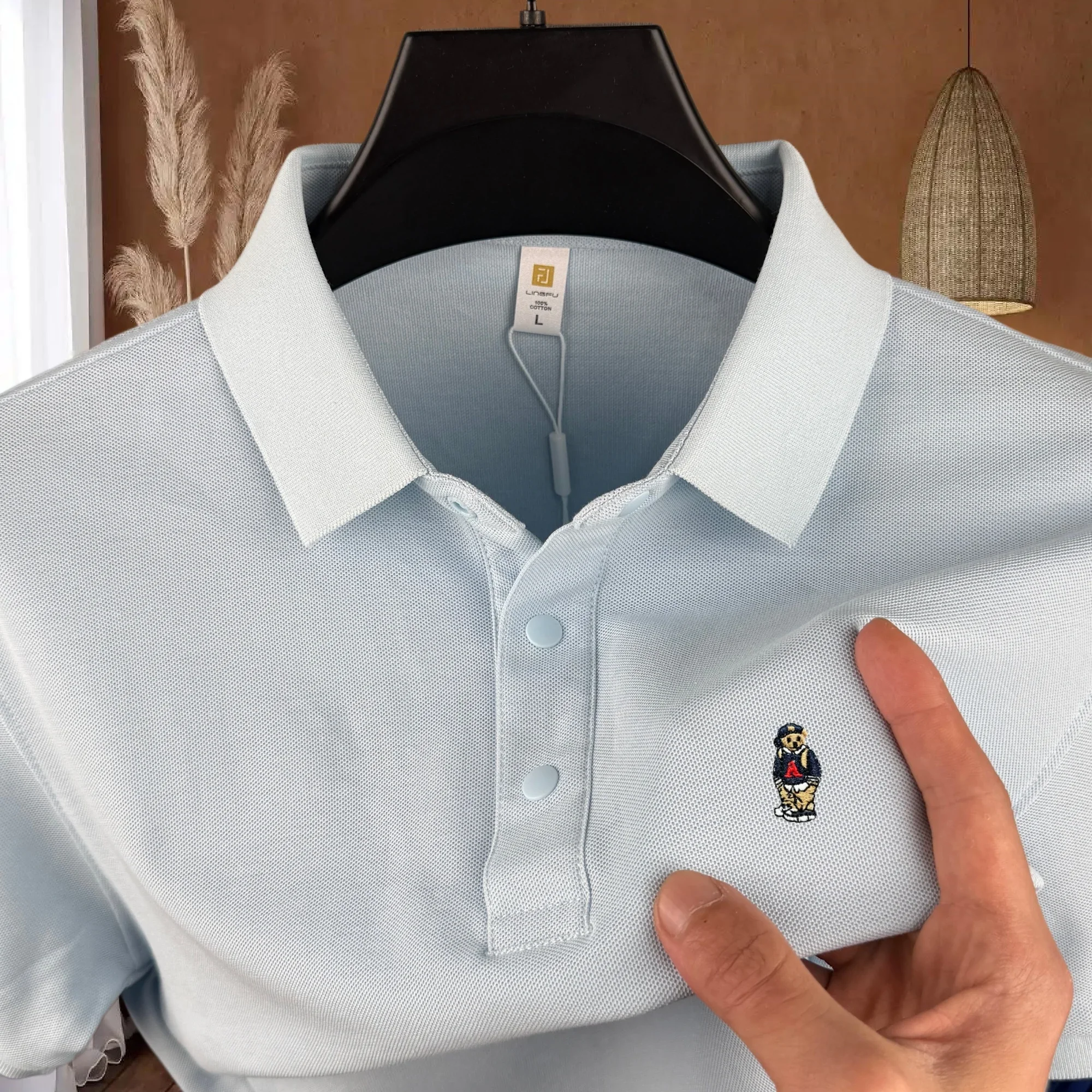 

Мужская футболка-поло из 100% хлопка премиум-класса с коротким рукавом, летняя, модная, с вышивкой в виде плюшевого мишки, для гольфа, повседневная