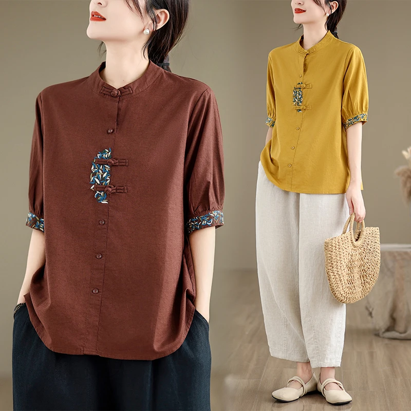

Retro Sle Women's Cotton Linen ort Sve T-irt Embroidered Top Summer Faion Artistic Vintage Ethnic Trend-irt