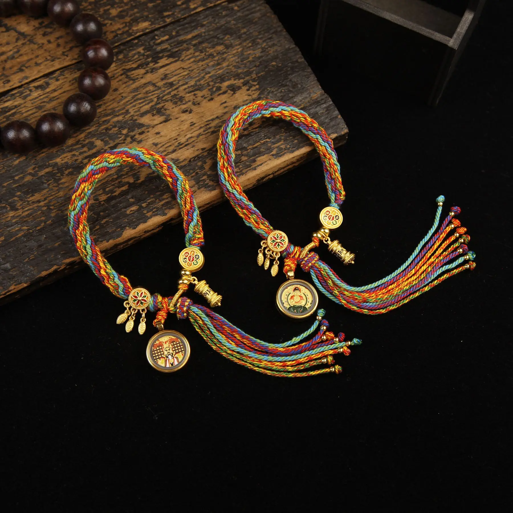 Handwoven Reincarnation Cotton Bracelet with Double Sided 3D Embossed Eight Guardian Deities Tibetan Thangka Gifts