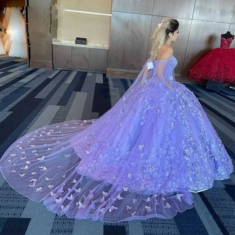 Increíble Vestido De baile De quinceañera con capa, flores 3D, Vestido De fiesta De cumpleaños para niña De 15 años