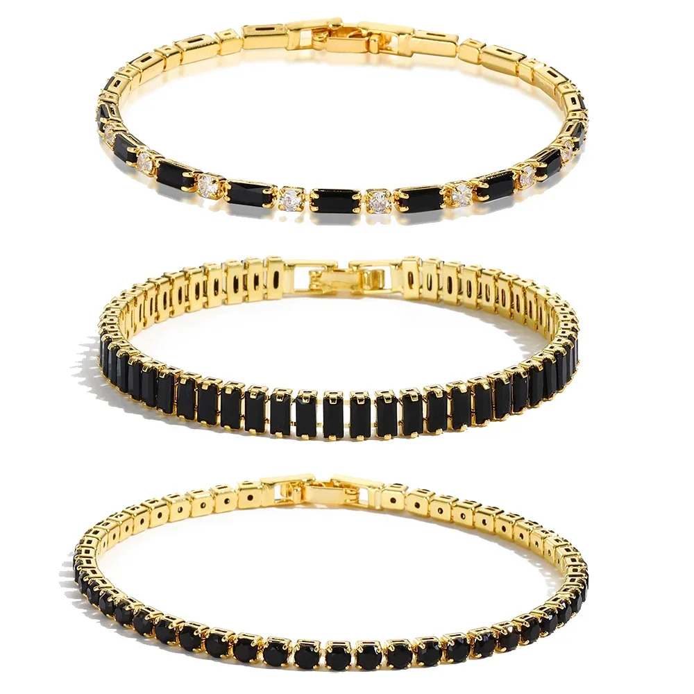 18K Gold Plated Black Iced Out Cubic Zirconia Tennis Bracelets for Women Men Crystal Adjustable Bracelet On Hand Hippie Jewelry