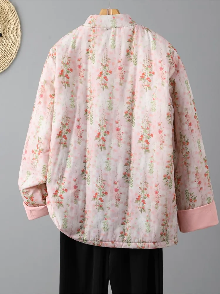 Cappotto in cotone imbottito autunno inverno floreale floreale donna giacche da donna moda rosa cappotti da donna casual oversize larghi a maniche lunghe