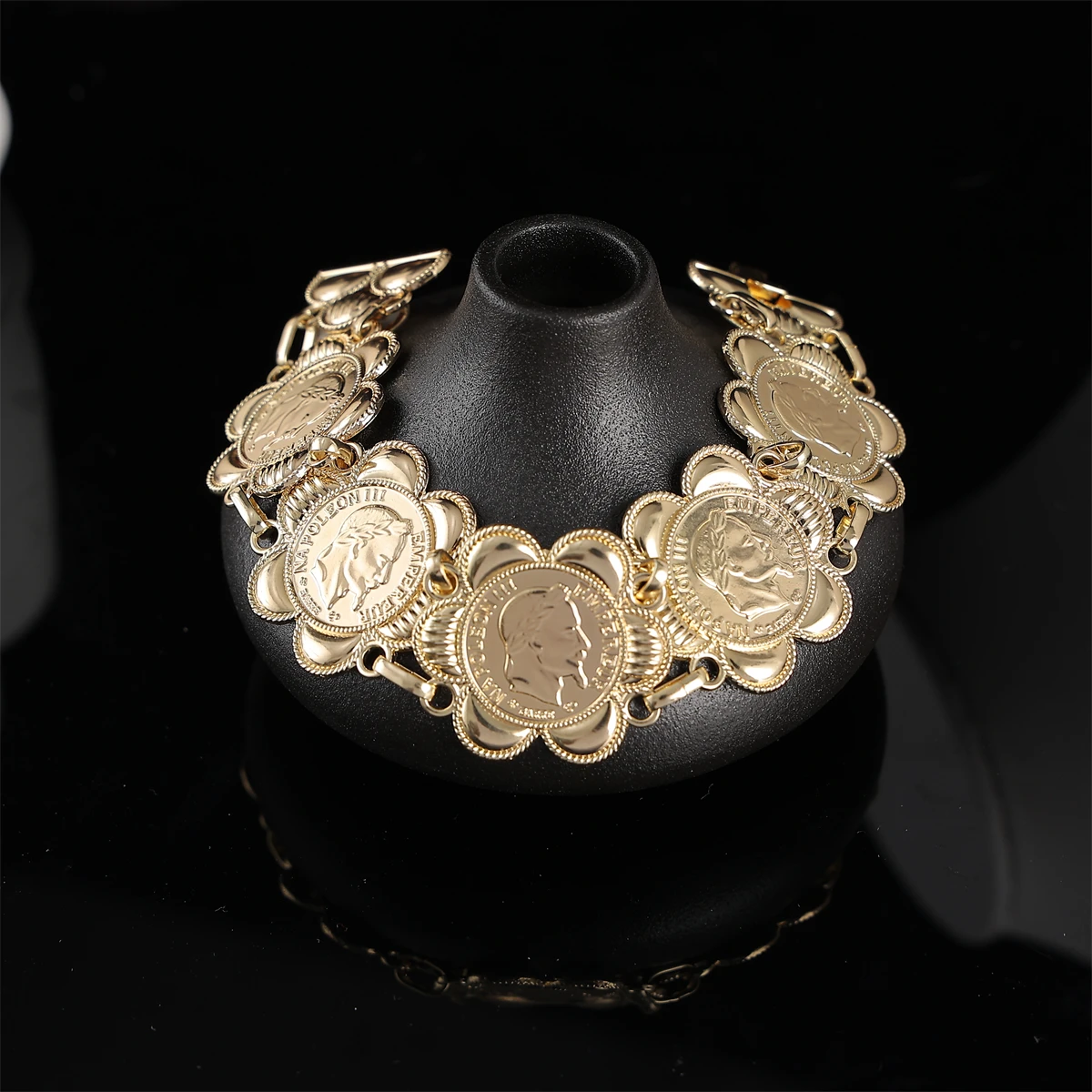 Classic French Napoleon Head Coin Bracelet Flower Shape Gold Color Women's Wedding Decoration Jewelry