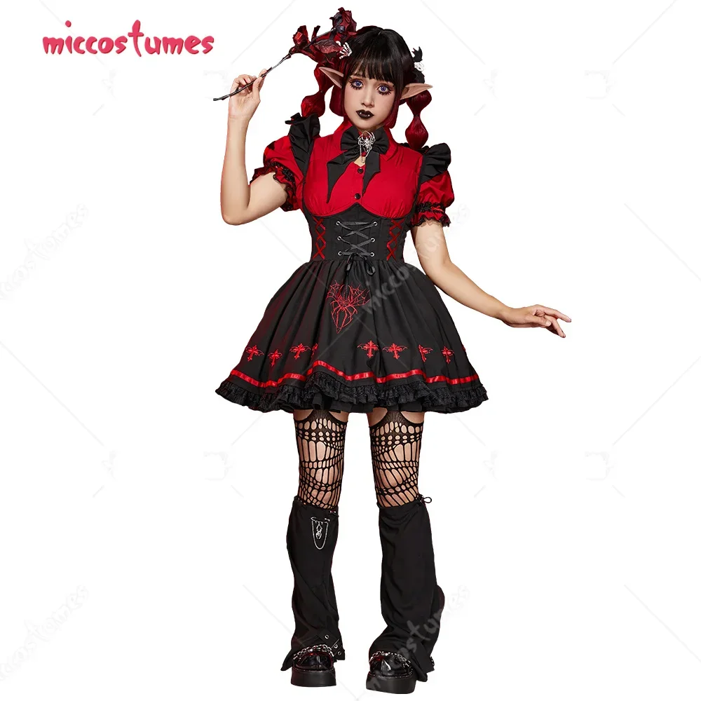 Miccostumes Halloween Women Vampire  Spider Costume Dark Gothic Spider Web Cross Pattern Suspender Skirt + Shirt Set Outfit