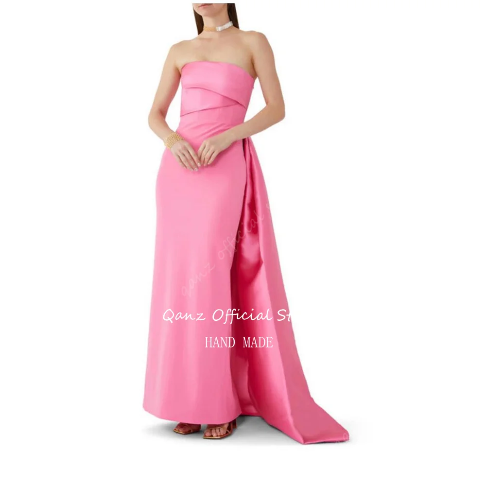 Qanz-vestidos de baile vintage sereia cetim para mulheres, plissado sem costas, vestido de festa Dubai, elegante e luxuoso, plus size, rosa, 2024