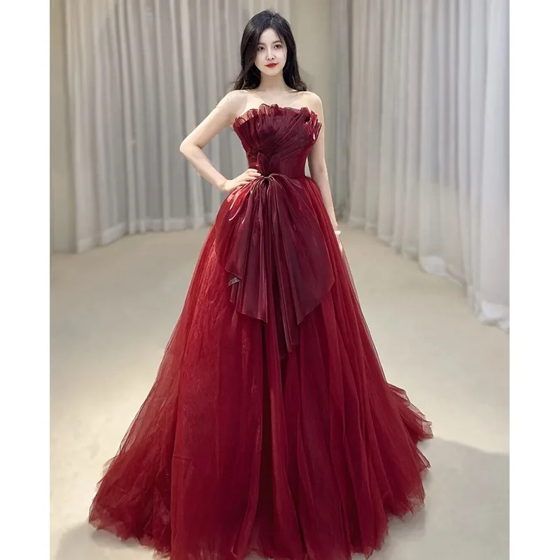 Elegant Celebrity Dress Burgundy Strapless Tulle Bow Pleated Ribbon Temperament Floor-length Women Evening Party Gowns High-end