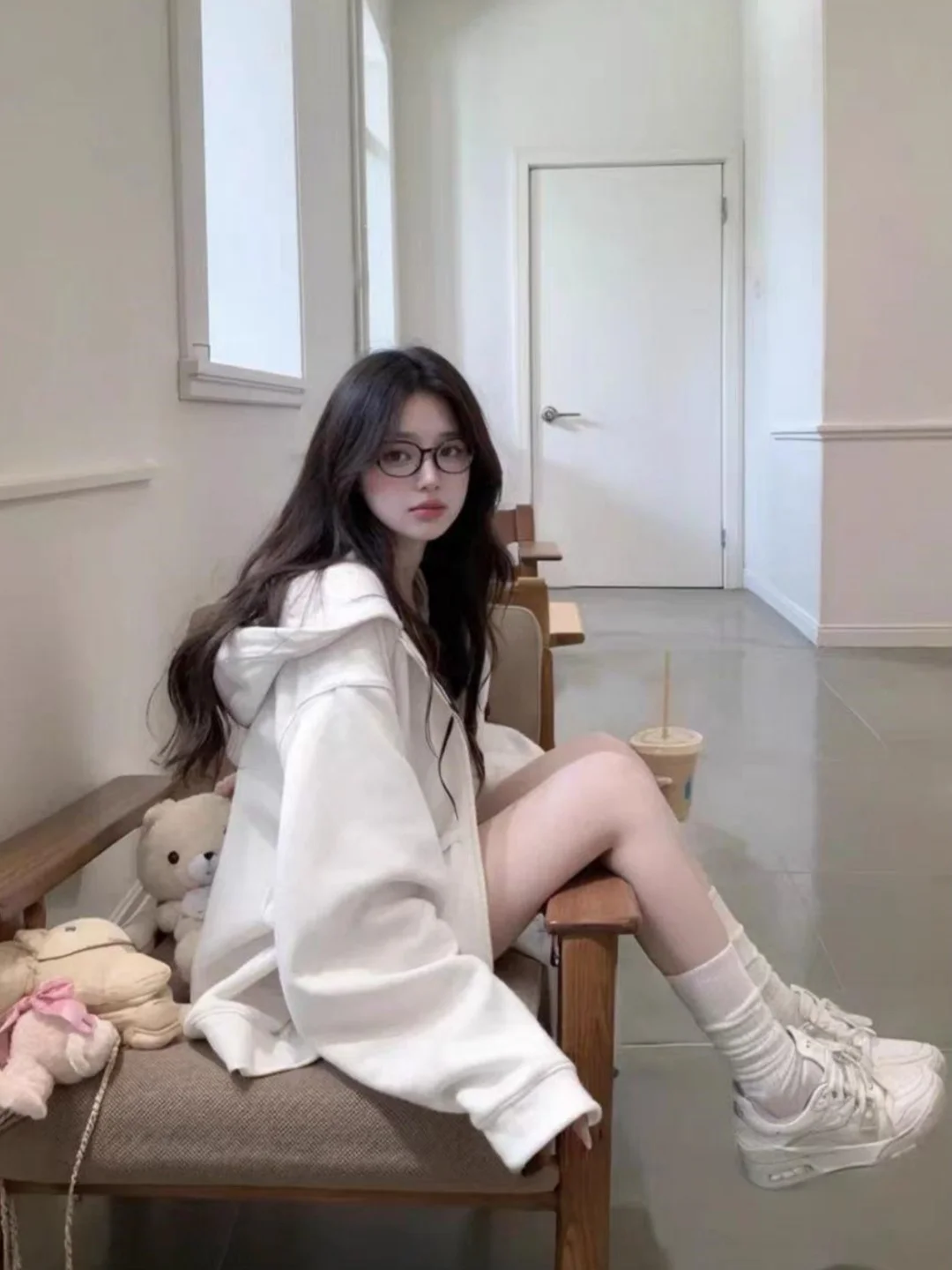 

White Fce Lined Oversized Hoodie Cardigan Women's Korean Sle Autumn Winter Loose Top Polyester Long Sve Zipper Closure