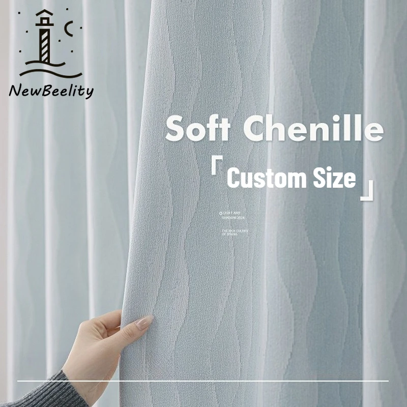 

Light Blue Water Ripples Chenille Double-sided Jacquard Curtains for Living Dining Room Bedroom Luxury Blackout Custom Size