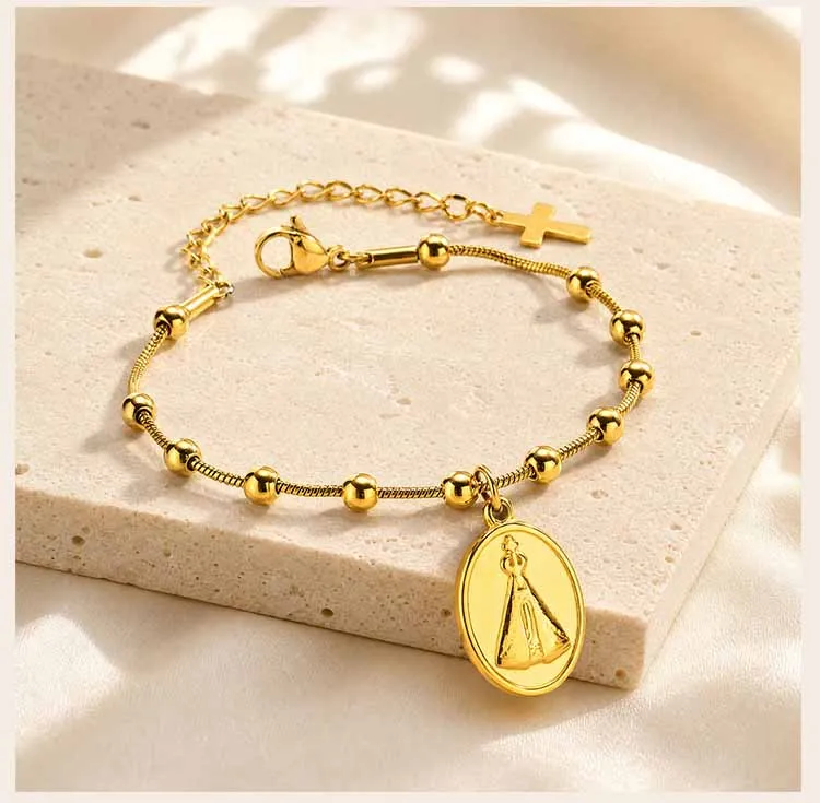 Armband mit Marienmotiv für Damen, 18K vergoldete Edelstahl-Rosenkranz-Kette mit Medaille der Heiligen Jungfrau, katholisches religiöses Geschenk – Detail 4