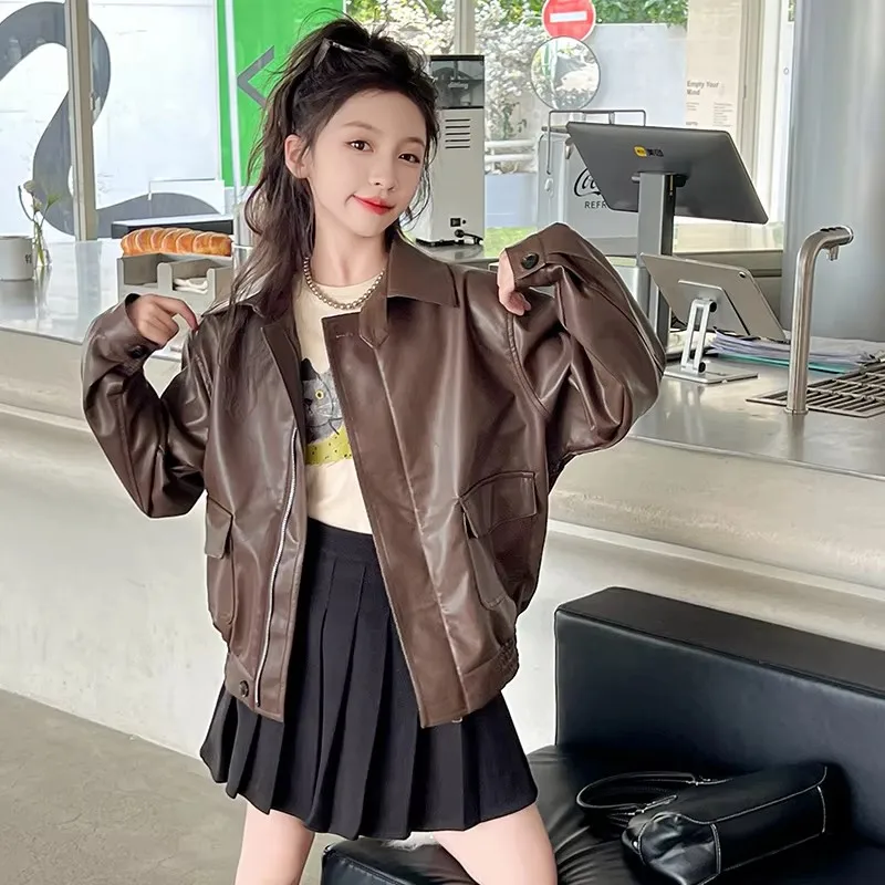 New Spring Child Faux Leather Jacket for Girls Luxury Brown PU Jacket Coat For Teens Clothing Age 5 6 7 8 9 10 11 12 13 14 Years