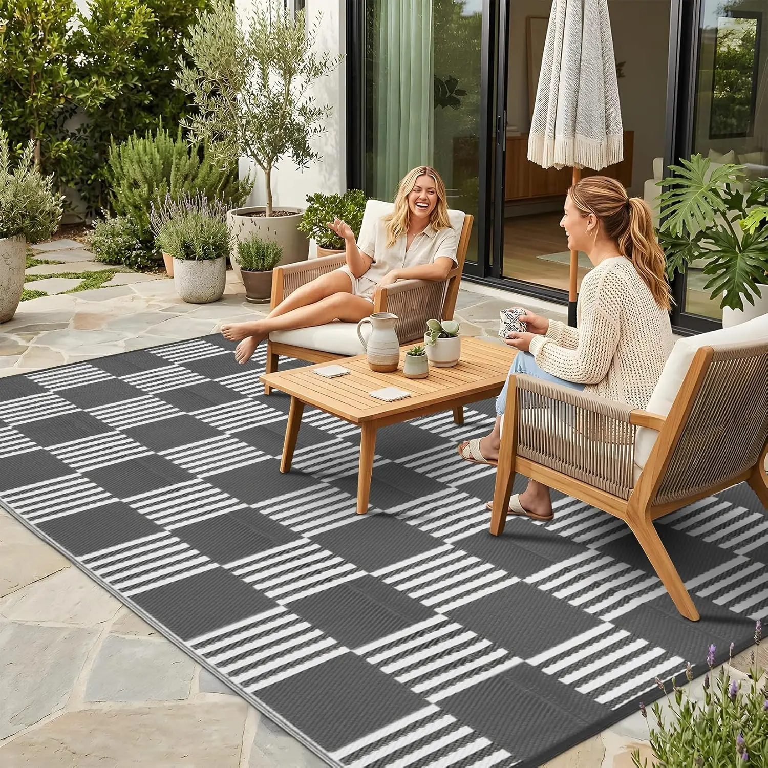 

Waterproof Outdoor Rug 5x8, Checkered Foldable Plastic Straw Patio Camping Rug, Outdoor RV Carpet for Deck Camper Porch Balco