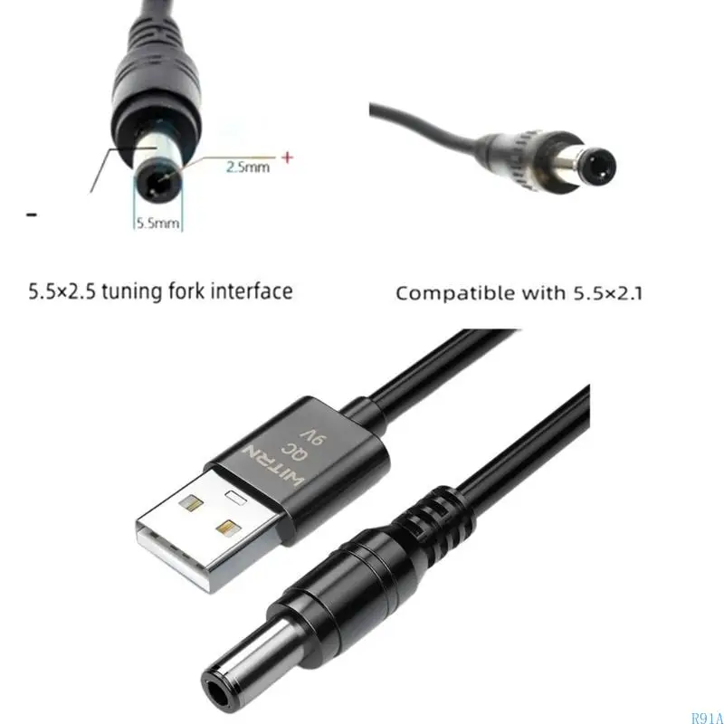 R91A QC3.0 USB-A to DC5.5x2.5mm Converter 12V 9V USB Line Trigger Charging Cable for WiFi Router,Speaker,LED Light