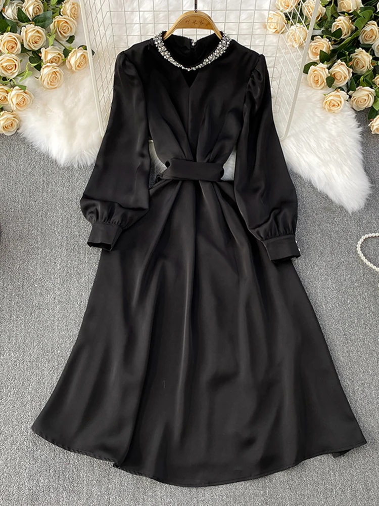 Lente Herfst Nieuwe Lange Mouwen Satijn Socialite Jurk Vrouwen Abrikoos Kleur Taille Cinched Elegante Parel O-hals Feestjurk S331