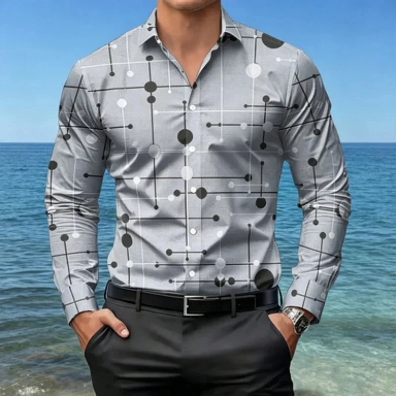 Men's long sleeved 3D shirt with lapel collar, long sleeved shirt with geometric lines, polka dot printed shirt,