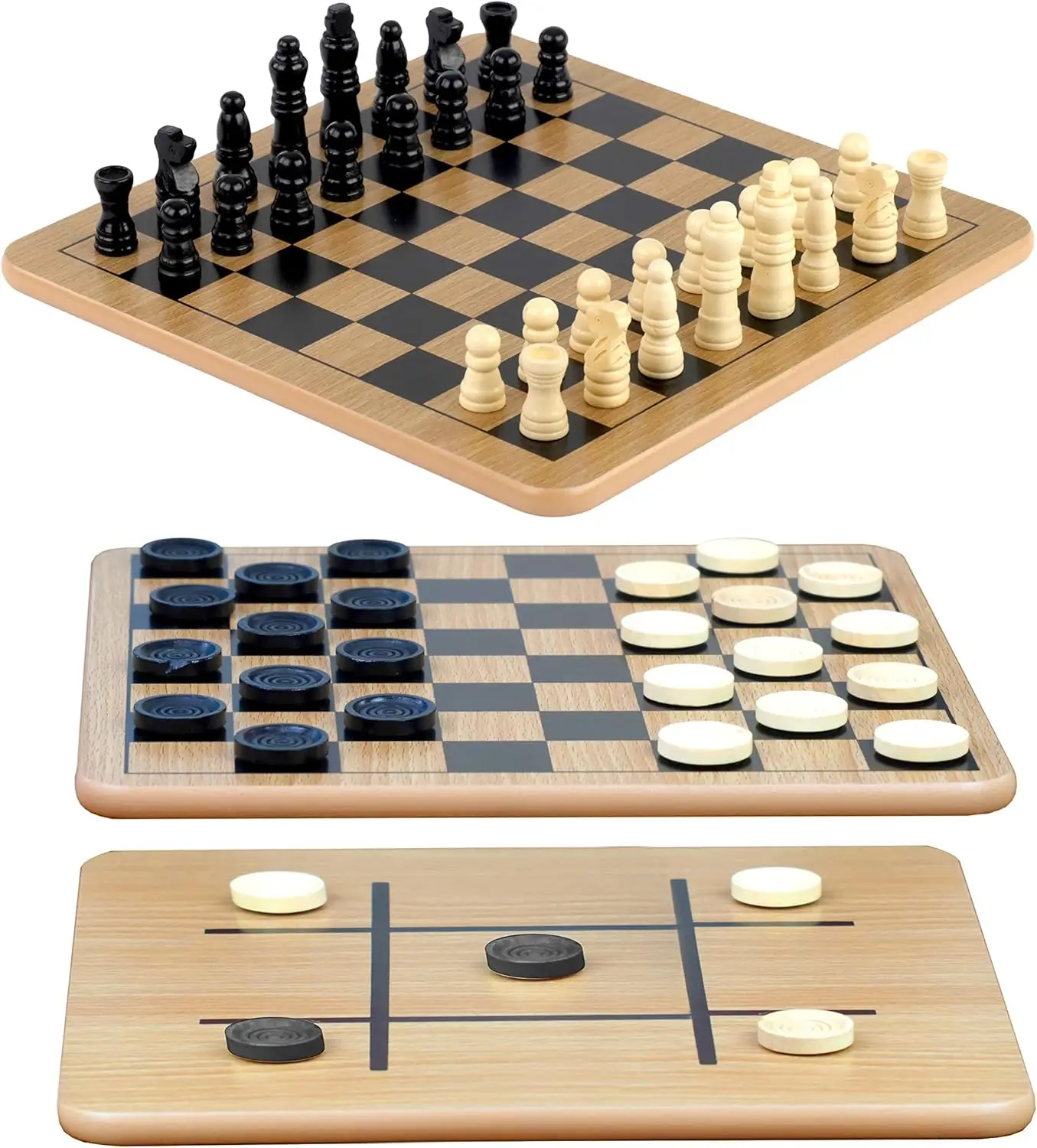 

Reversible Wooden Board with 24 Checkers & 32 Chess Pieces – for Ages 8+