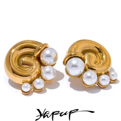 Yhpup Big Promotion 18k Gold Plated Imitation Pearls Stainless Steel Conch Stud Earrings for Women Fashion Jewelry Wholesale