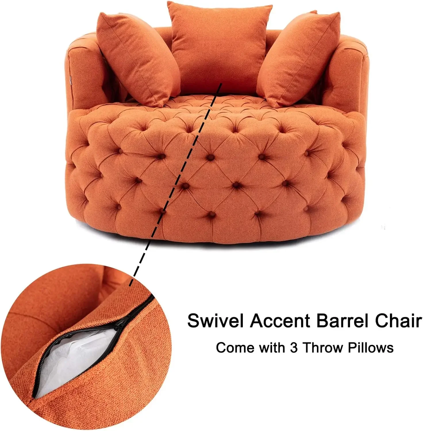 Swivel Accent Barrel Chair Modern Sofa Lounge Club Round Chair Linen Fabric for Living Room Hotel with 3 Pillows (Orange-