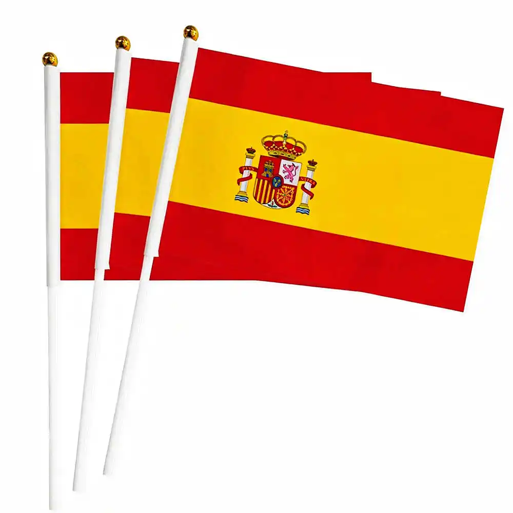 10 Pack Handheld Spain Flag Spanish 14x21cm Polyester Flags 30cm Mini Stick Plastic Flagpoles Waving For Decoration Parade Sport