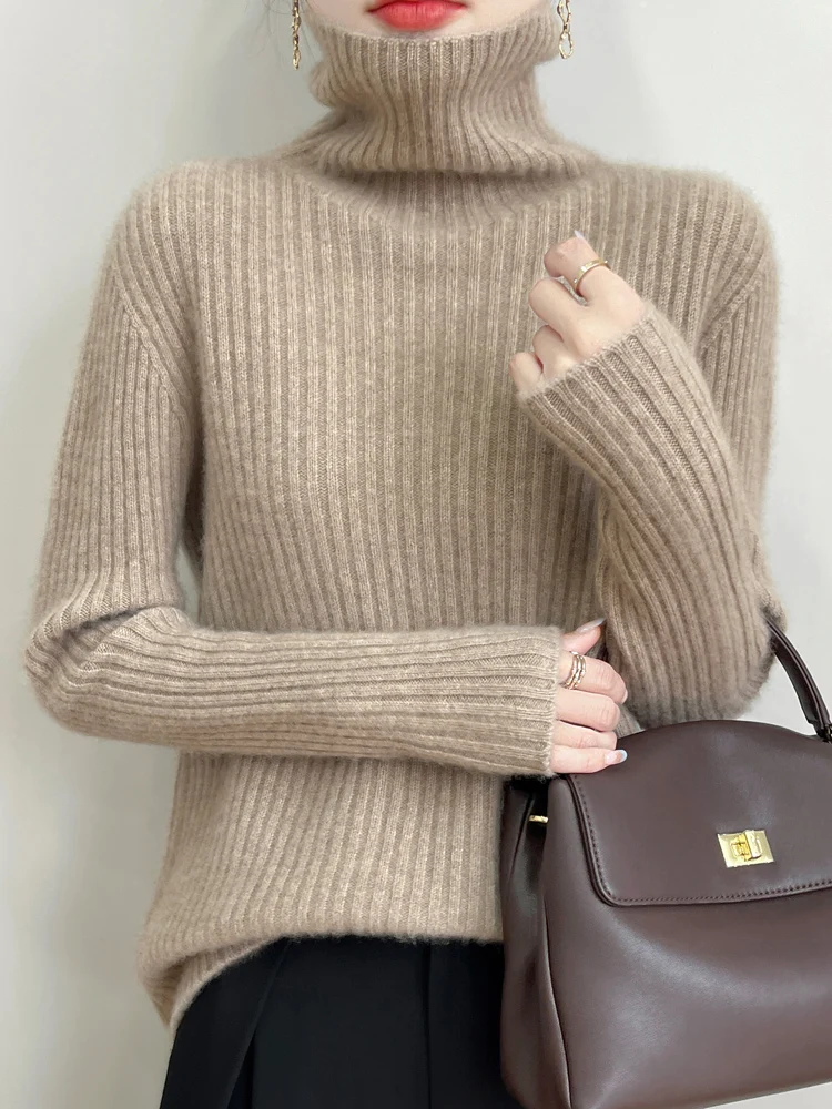Ropa de otoño e invierno, jersey cálido suave y cómodo de lana 100% con cuello alto sin sensación de presión, ropa femenina, Tops