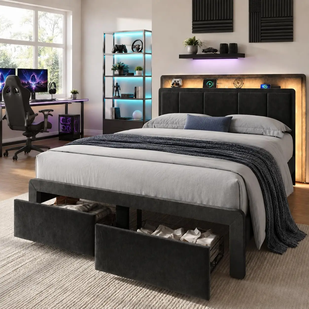 Full Size Upholstered Bed with 2 Drawers, Velvet Channel Headboard with LED & USB, No Box Spring, Noise-Free, Black, Customized