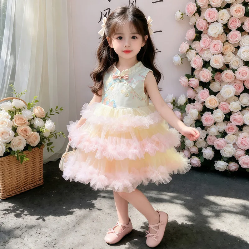 Summer 2026 Girls Dress Chinese Style Buckle Cake Skirt Colorful Mesh Princess Skirt for Baby Girls