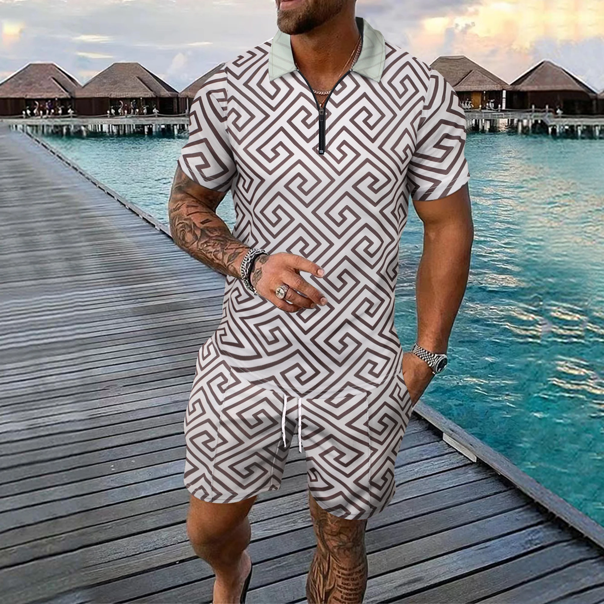 

Luxury Brand 2 PCS Men Clothes Zipper Polo Tops Short Sleeve Golf Shirt Sweatpants Suits Mens Fashion Tracksuits Casual Outfit
