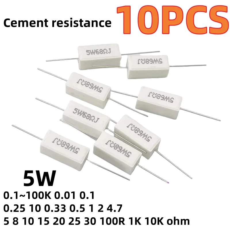 10PCS Cement resistance 5W horizontal 0.1R/0.25/0.47/3/5R/6.8/10/47/100 ohms/1K/10K47K