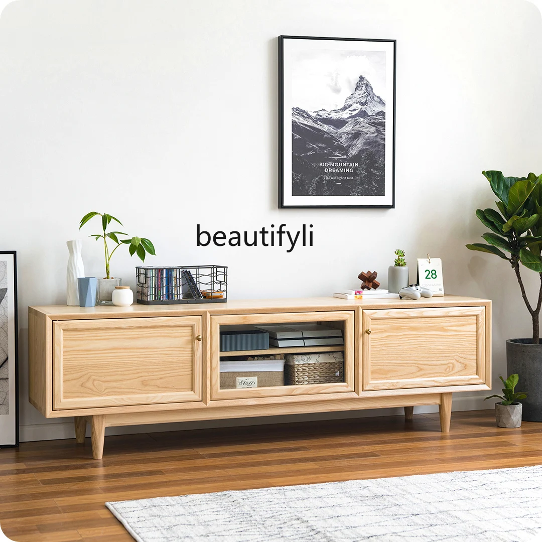 Living Room TV Cabinet Original Nordic Pure Solid Wood Mortise Pewter Black Walnut Glass Audiovisual Cabinet