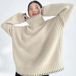 100% Pure Wool Cashmere Sweater Women's 2024 Autumn Winter New Turtleneck Pullover Fashion Loose Large Size High Neck Knit Tops