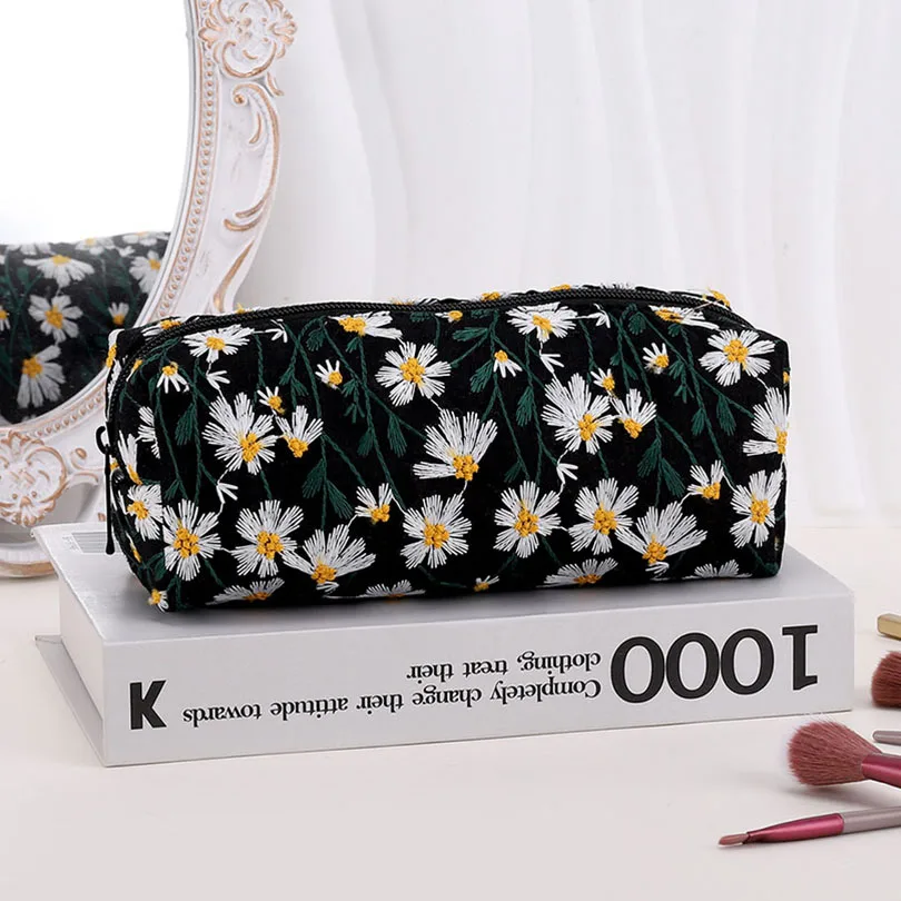 Estuche para lápices con margaritas bordadas, Estuche para lápices para la vuelta a la escuela, suministros escolares de gran capacidad para niñas, Estuche Escolar, estuche para lápices