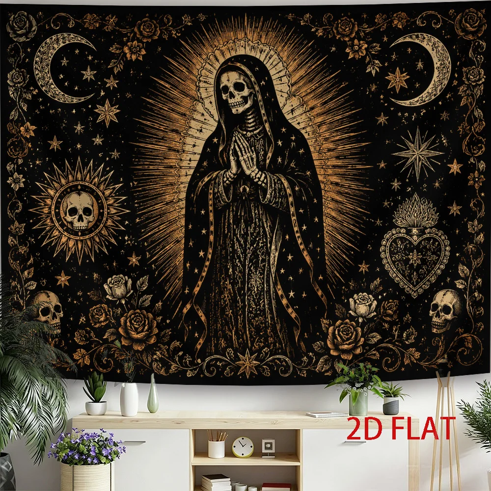 Santa Muerte Skull Tapestry Wall Hanging, Black Gold Sun Moon Rose Gothic Mystic Art for Lovely Living Room Wall Art Decor