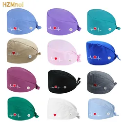 Gorro quirúrgico con botones para mujer, gorro bordado con forma de corazón para enfermera, salón de belleza, farmacia, laboratorio, mascota, médico