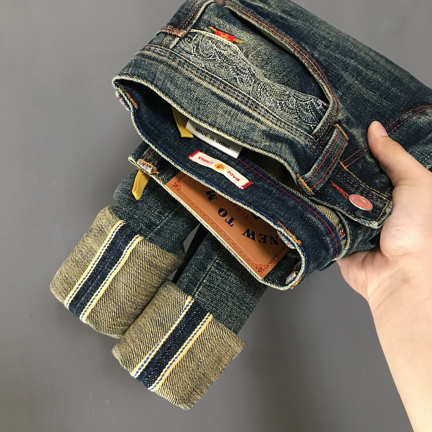 

American Retro Casual Selvedge Denim Jeans for Men High Quality Spring Autumn Embroidery Washed Regular Straight Stretch Pants