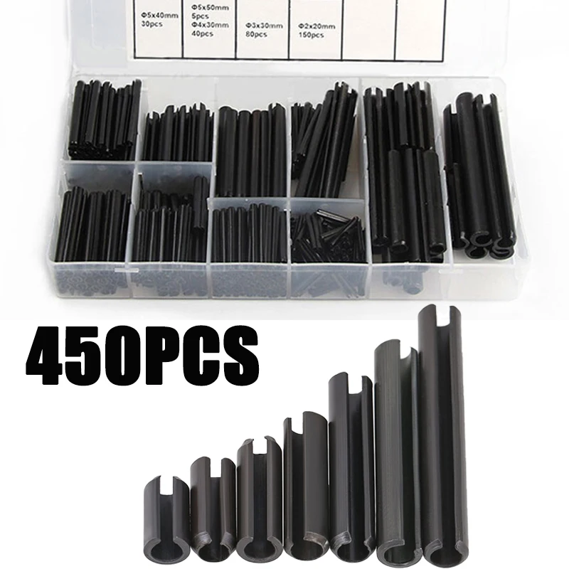 

450Pcs Elastic Cylindrical Cotter Pins Carbon Steel Hollow Positioning Pin Assortment Kit M2 M3 M4 M5 M6 M7 M8 M10