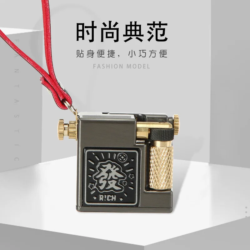Mini portable pure copper square brick lighter, antique side-sliding grinding wheel ignition lighter, cigarette accessories