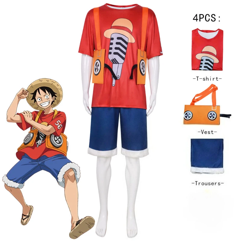 

Men's Anime One Piece Luffy Cosplay Costume for Boys Halloween Carnival Uniform Short Sleeve Trousers Vest Full Set Dress Up