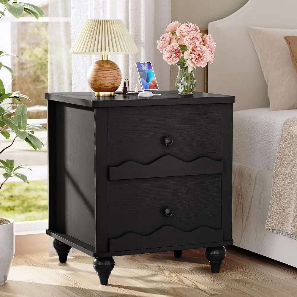 

Nightstand with Charging Station, Side End Table with 2 Drawers, Modern Wood Night Stand with Scalloped Pattern, Bedside Night T