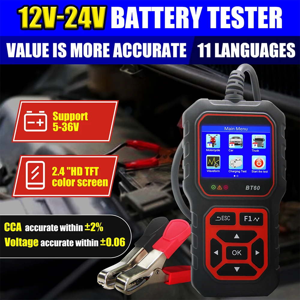100-2000 CCA Black Car Battery Tester TB60 Car Battery Tool 6V 12V 24V Battery System Detect Auto Battery Analyzer RV Truck Tool