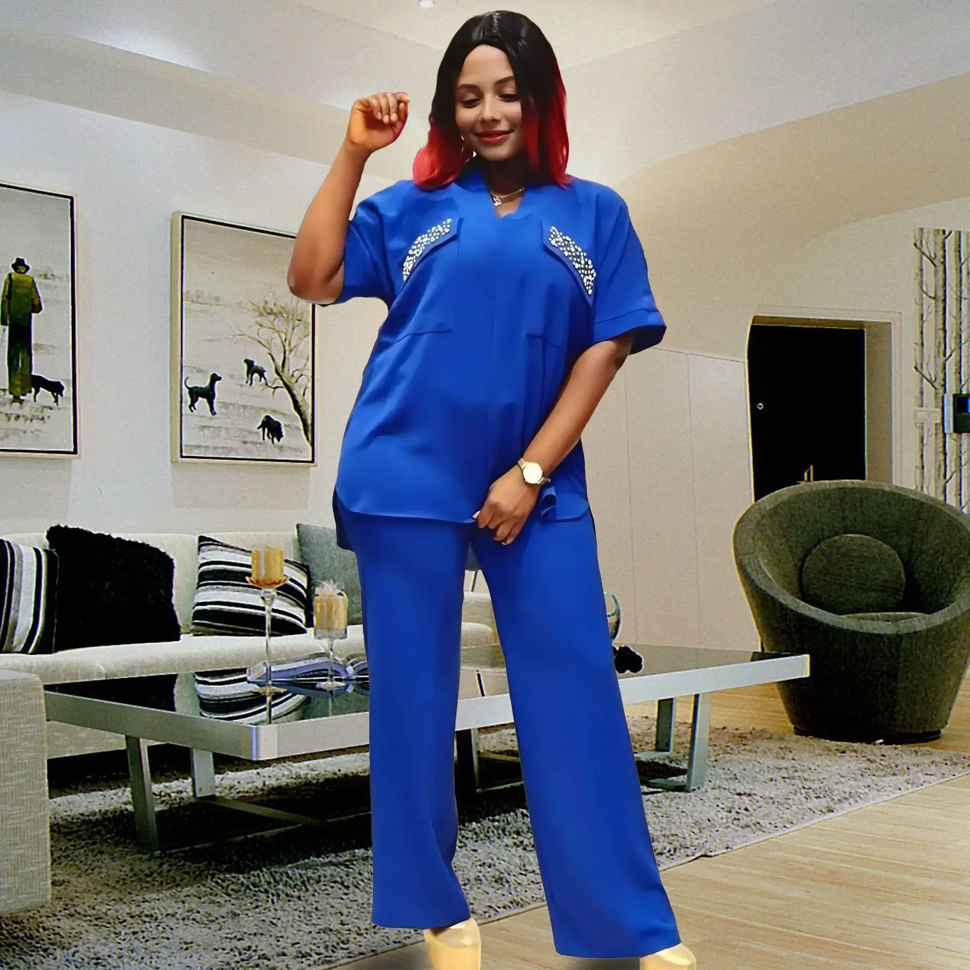 

Одинаковый комплект в африканском стиле для женщин, элегантные женские топы, широкие брюки, вечерняя одежда, Нигерия, женская одежда из 2 предметов, повседневная одежда в арабском стиле